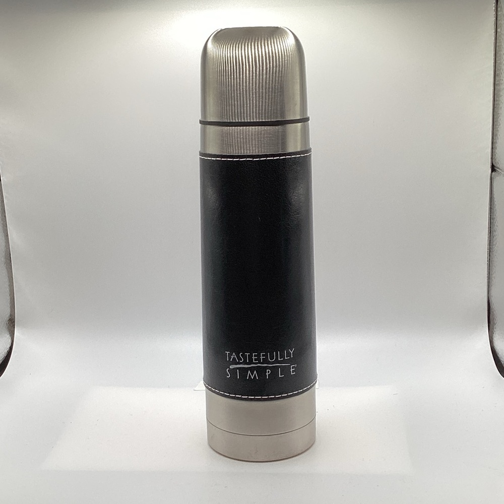 Tastefully Simple leather wrapped stainless steel Thermos